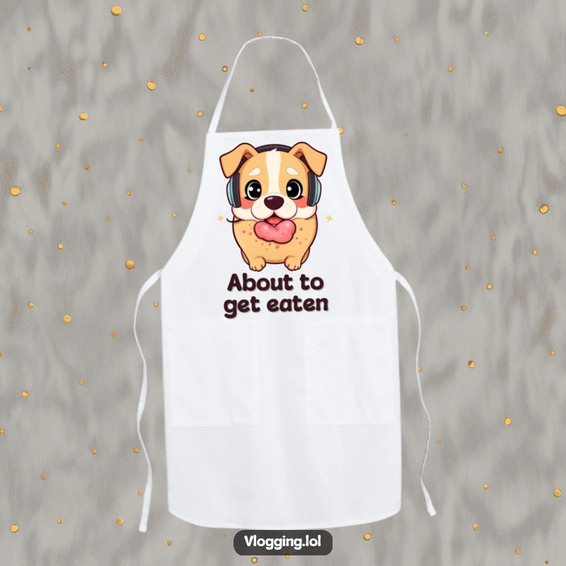Funny bagel dog apron: A surprised bagel with headphones is about to be playfully devoured by a happy dog. Perfect funny gift.