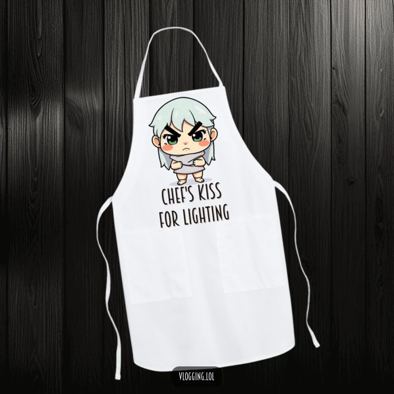 Funny apron showing a determined creator with a serious expression adjusting lighting, ideal for protecting clothes during messy artistic endeavors.