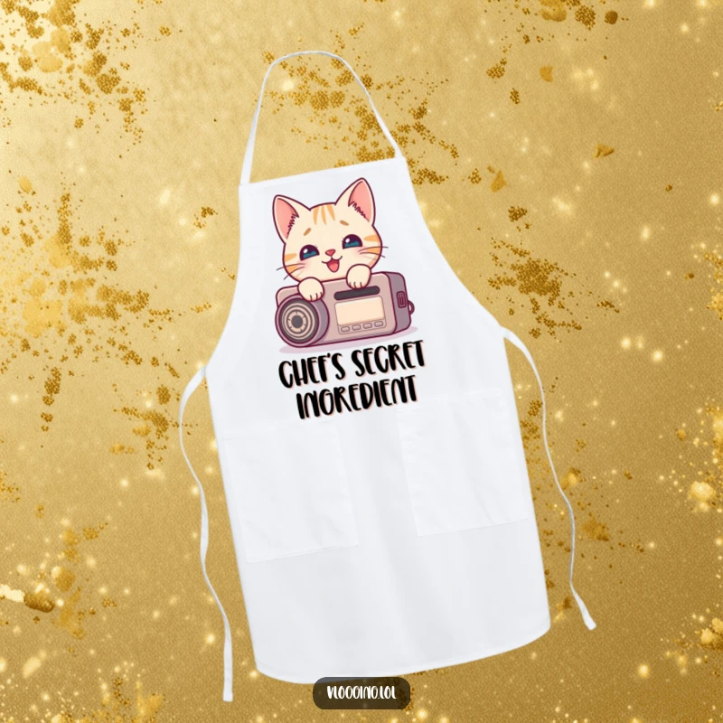Funny cat apron featuring a curious feline peeking around a recording device with delight, perfect for creative cooks.