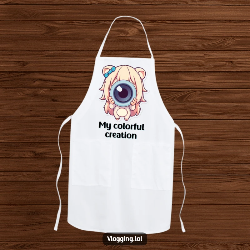 Funny apron showcases a happy character in a kitchen setting, presenting a large, colorful object with pride and a smile.