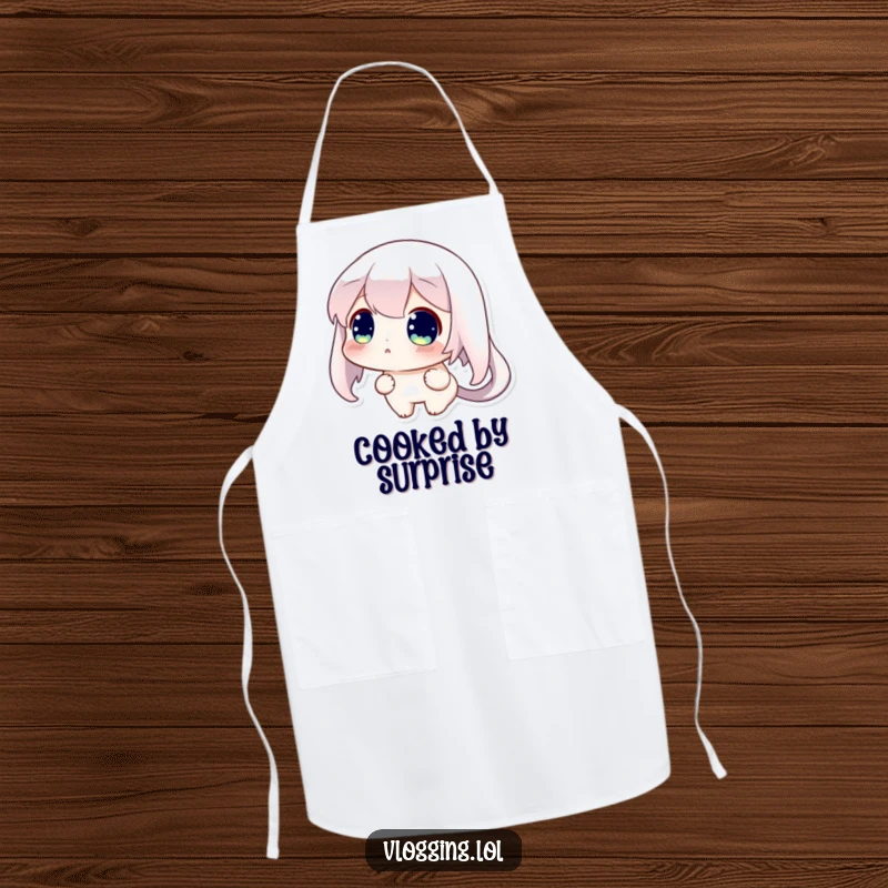 Funny apron featuring a curious character looking utterly surprised and shocked while viewing a recipe on a screen.