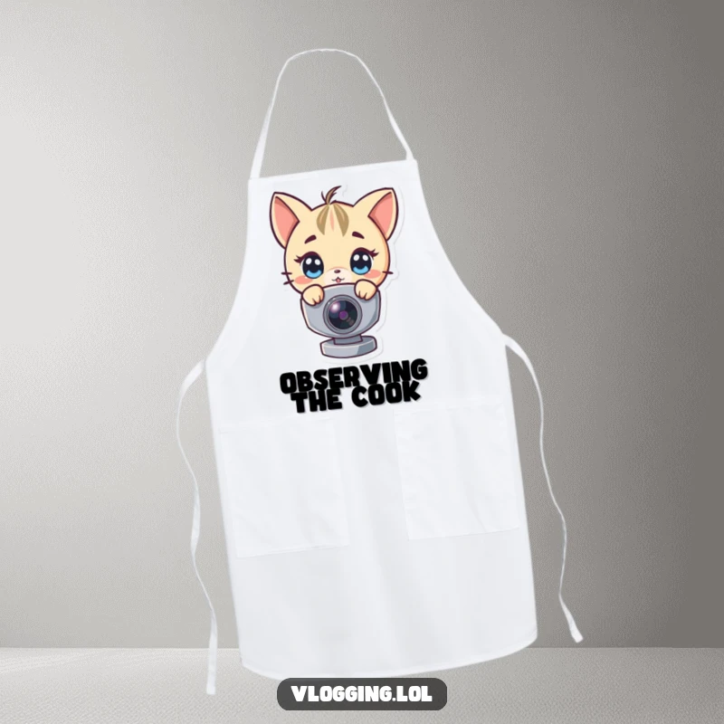 Funny apron with a character peeking mischievously around a webcam, perfect for kitchen humor.