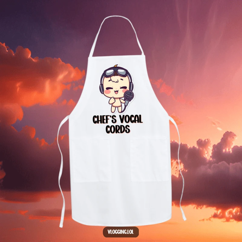 Funny apron showing a character making a comical face into a microphone while cooking, adding humor to kitchen duties.