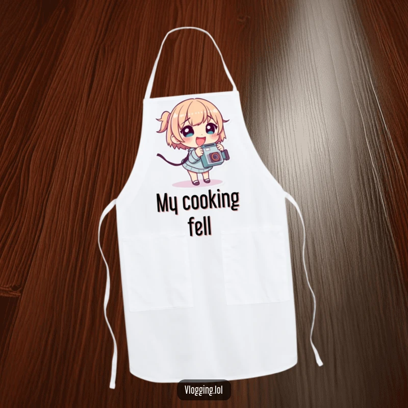 Funny apron with a giggling character stumbling slightly while holding a camera, capturing the joy of creative mishaps.