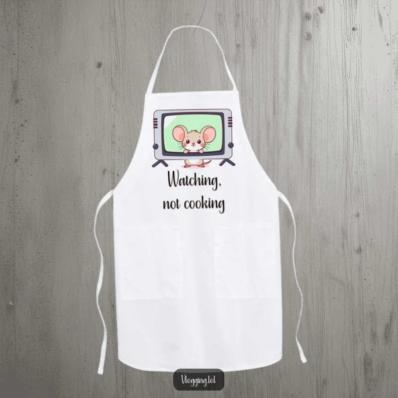 Funny shy mouse peeking from behind a large cooking screen on a kitchen apron, looking ready to bake.