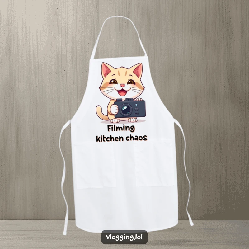 Funny apron showing a happy cat filming itself with a camera, ready to create kitchen content with a smile.