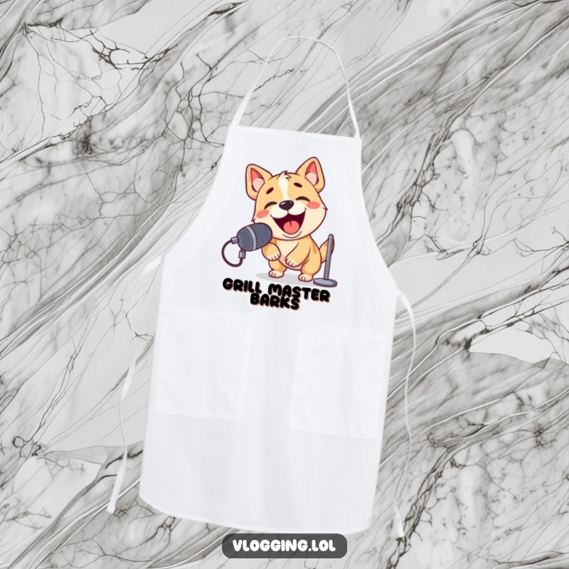 Funny apron with a playful dog enthusiastically barking into a microphone, ready to create a culinary masterpiece.