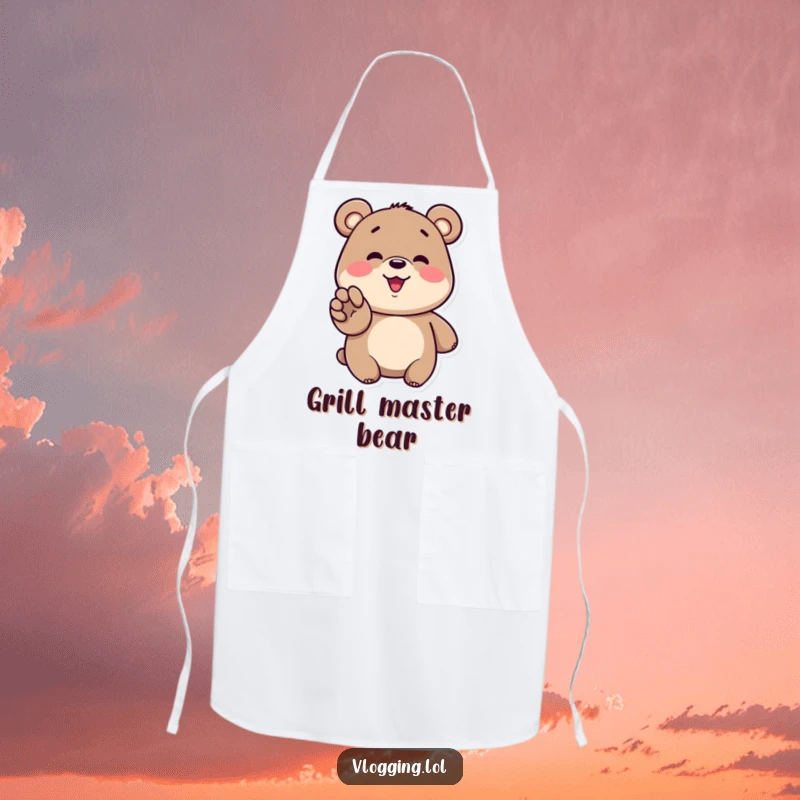 Funny bear apron featuring a smiling bear gesturing enthusiastically towards a screen, perfect for enthusiastic cooks.
