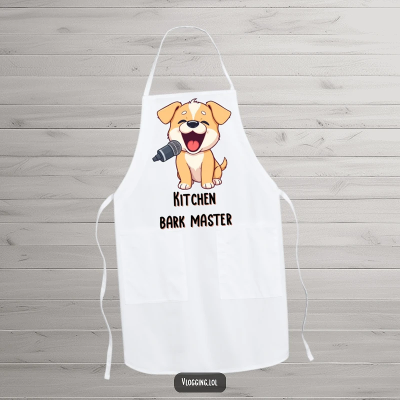Funny puppy apron featuring an excited puppy barking into a microphone, perfect for enthusiastic chefs.