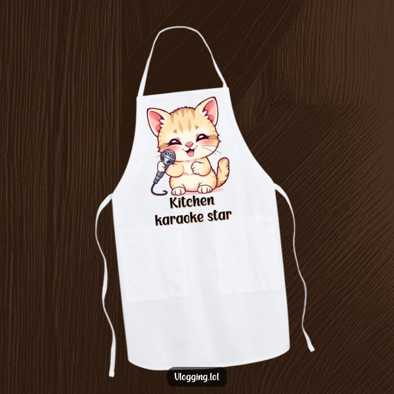 Funny Kitten Apron showing a giggling kitten holding a shiny microphone, perfect for kitchen performances. Protects clothes with musical humor.