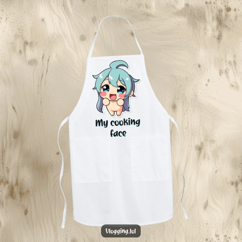 Funny apron featuring a delighted character making a comical, exaggerated funny face while cooking.