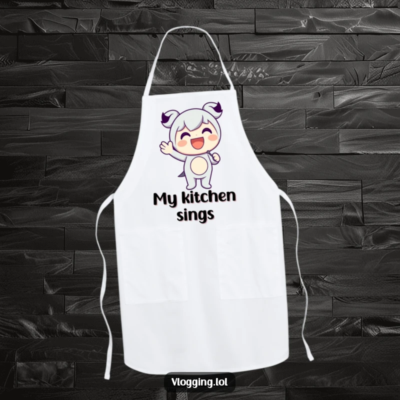 Funny apron with a happy character holding a microphone and waving enthusiastically, ready to entertain while cooking.