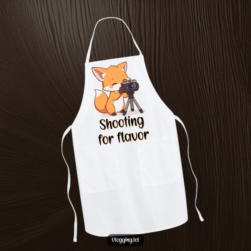 Funny Apron: A curious fox with a camera, ready to capture culinary creations, a stylish and funny gift.