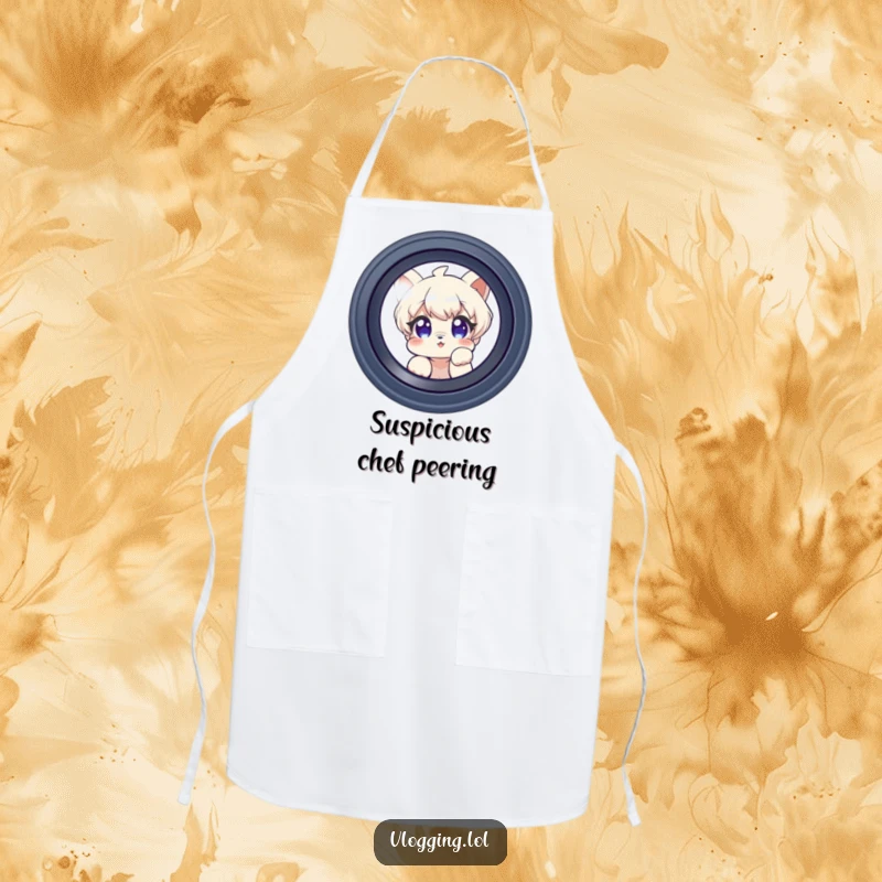 Funny apron showing a curious character peeking into a camera lens, a humorous kitchen accessory for photo enthusiasts.