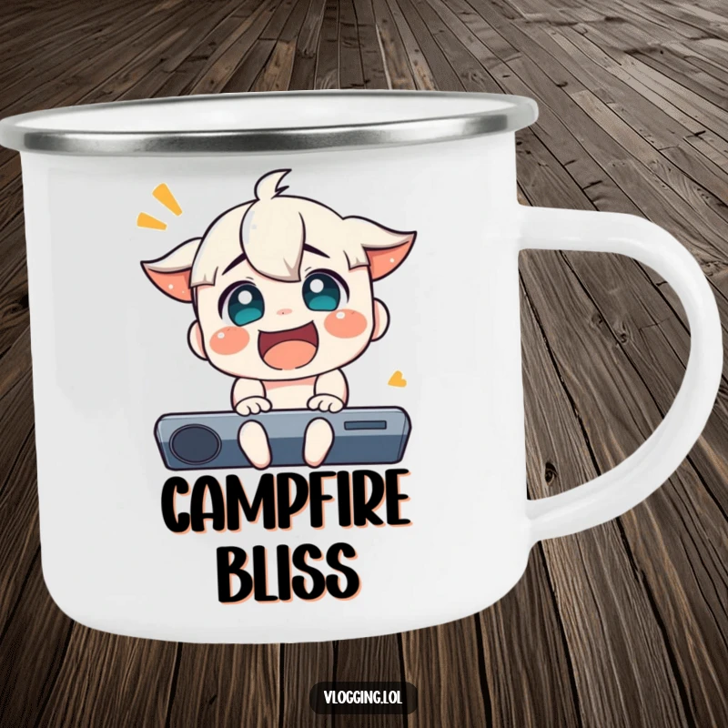 Funny camping mug featuring a character with an over-the-top joyful reaction, perfect for hot beverages outdoors.