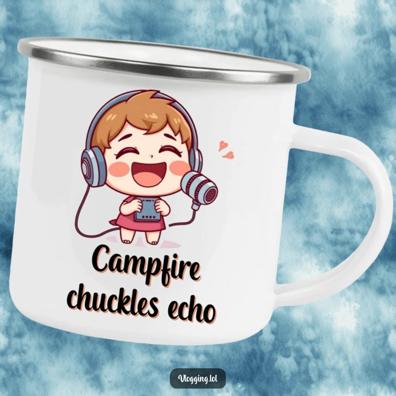 Funny camping mug illustrating a cheerful character laughing heartily into a recording device, ready for adventure.