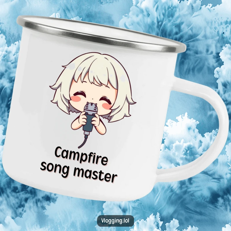 Funny Singer Camping Mug: A smiling character holding a microphone, ready for campfire singalongs and musical fun.