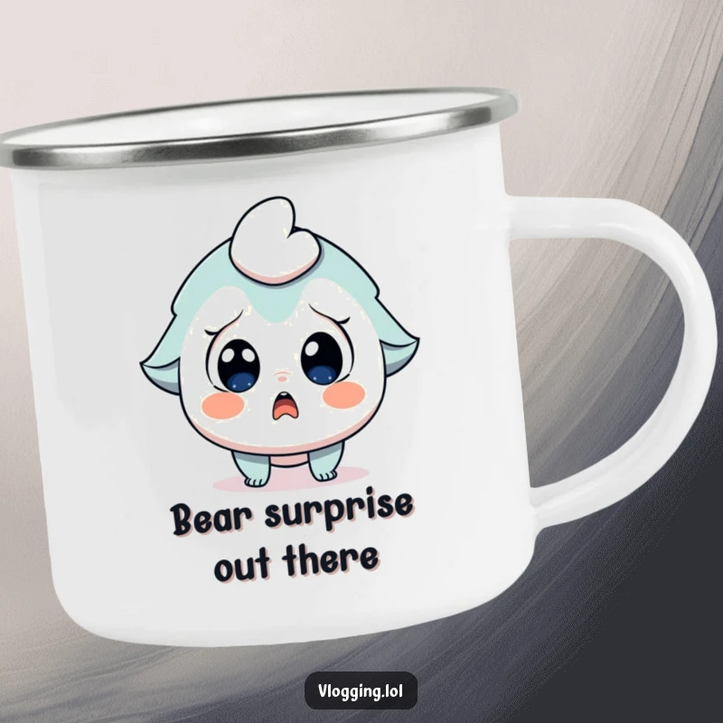 Funny camping mug showing a character with wide eyes and an open mouth, gasping in surprise.
