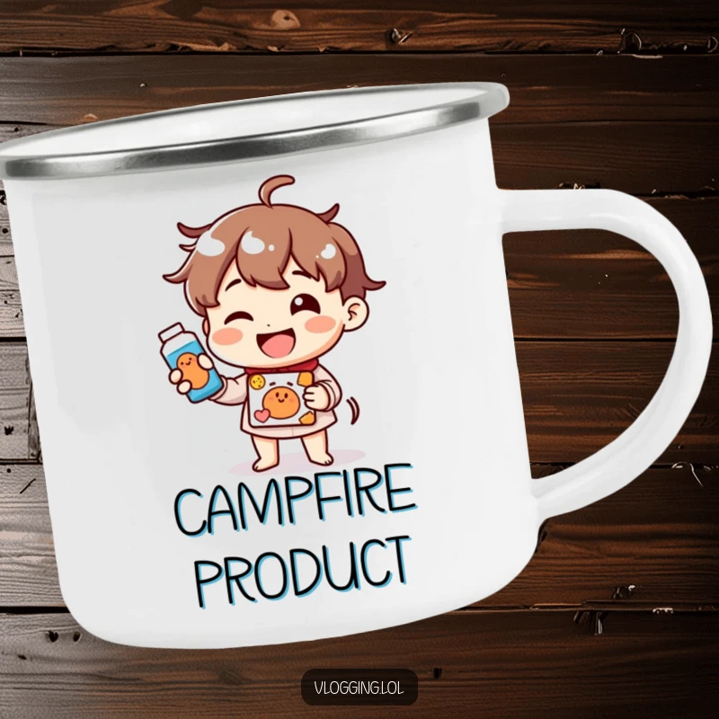 Funny camping mug featuring a cheerful character smiling and demonstrating a product, perfect for enjoying drinks outdoors.