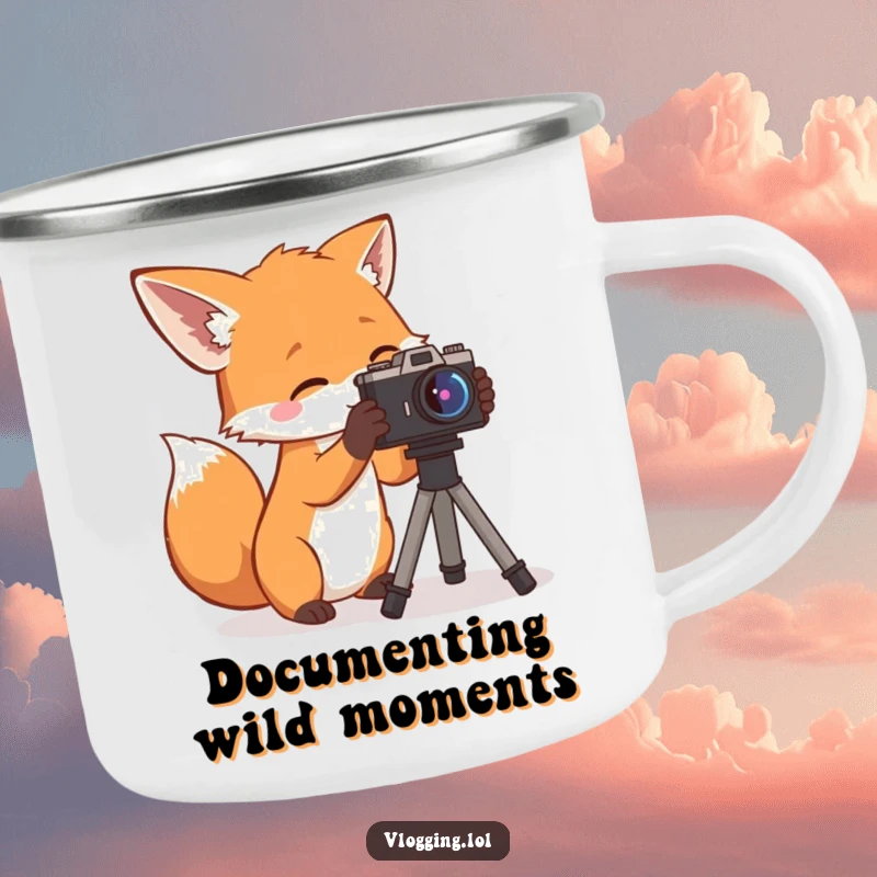Funny Camping Mug: A curious fox with a camera, perfect for outdoor photography adventures, a durable funny gift.