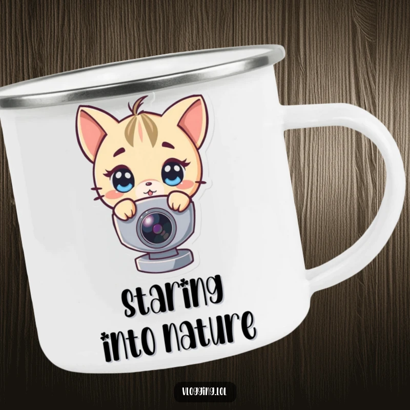 Funny camping mug with a character peeking around a webcam, designed for outdoor humor and durability.