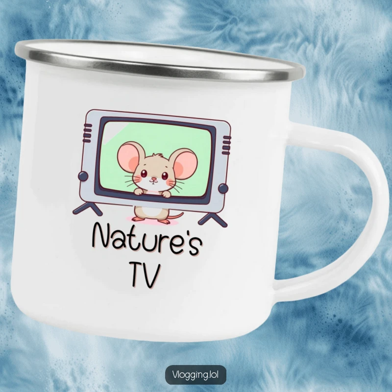 Funny shy mouse peeking from behind a large video screen on a metal camping mug, outdoor scene.