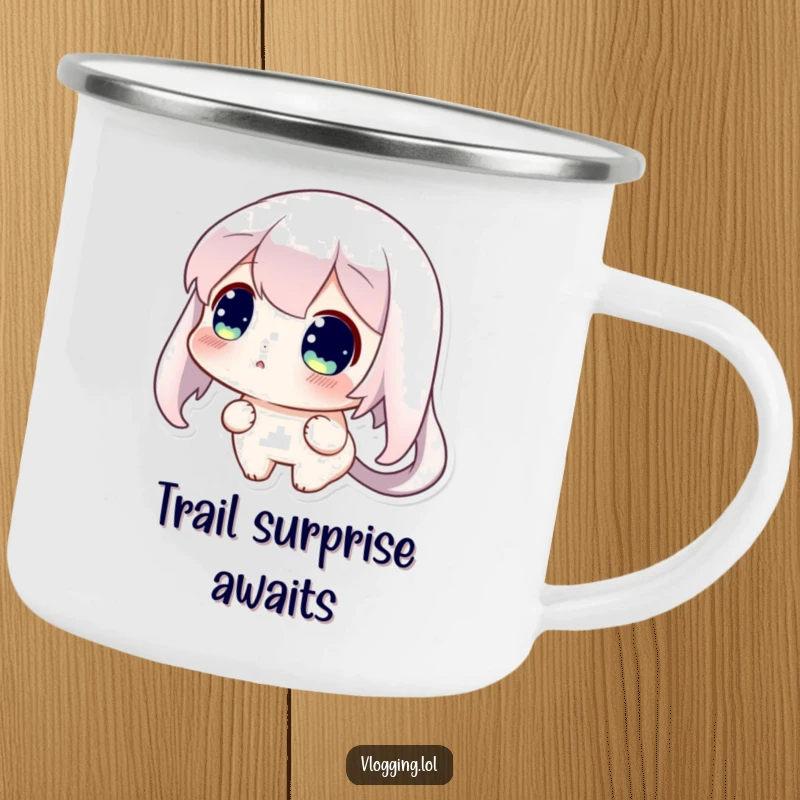 Funny camping mug illustrating a curious character looking astonished and surprised while staring at their screen.