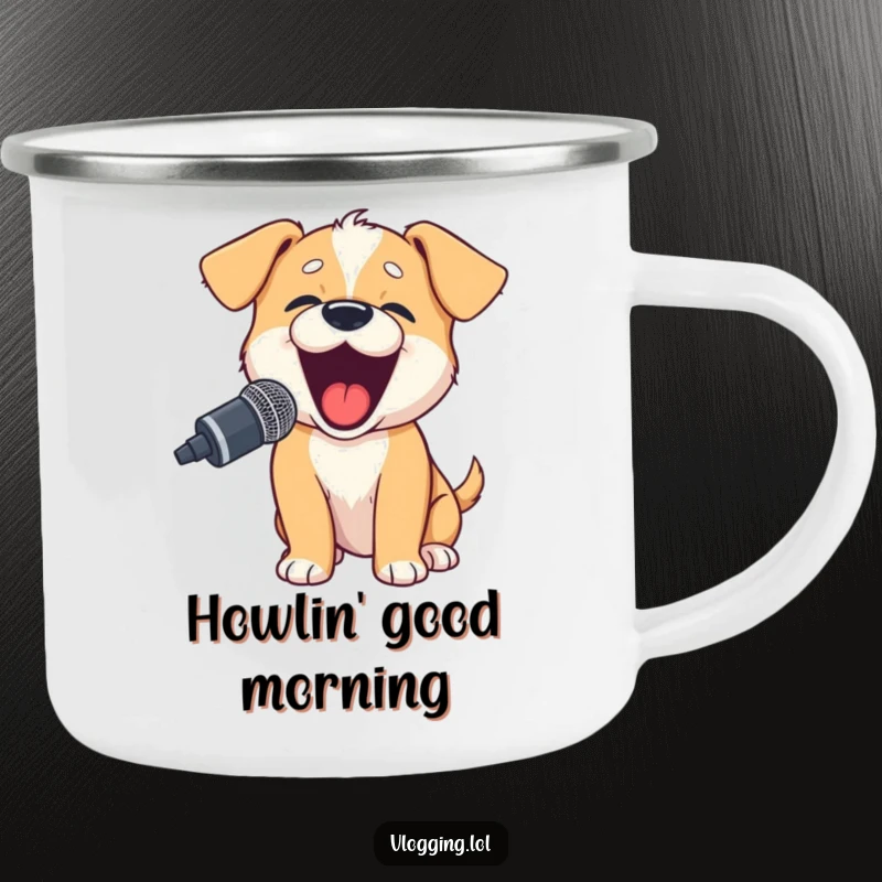 Funny puppy camping mug showing a happy puppy barking into a microphone, perfect for outdoor broadcasters.