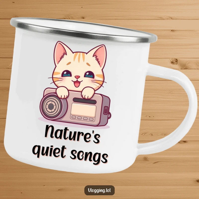 Funny cat camping mug showing a curious feline peeking around a recording device with delight, perfect for outdoor creators.