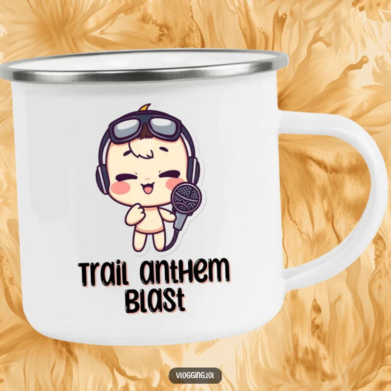 Funny camping mug with a character making a hilarious face into a microphone, great for coffee or tea on the go.