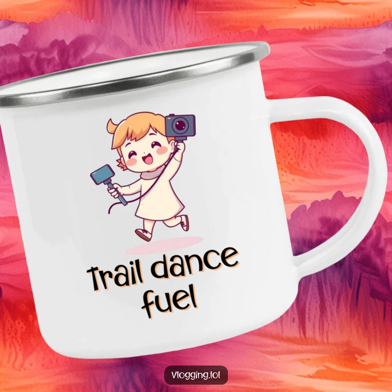 Funny camping mug shows a character dancing with a camera on a selfie stick, designed for outdoor enthusiasts who enjoy humor.