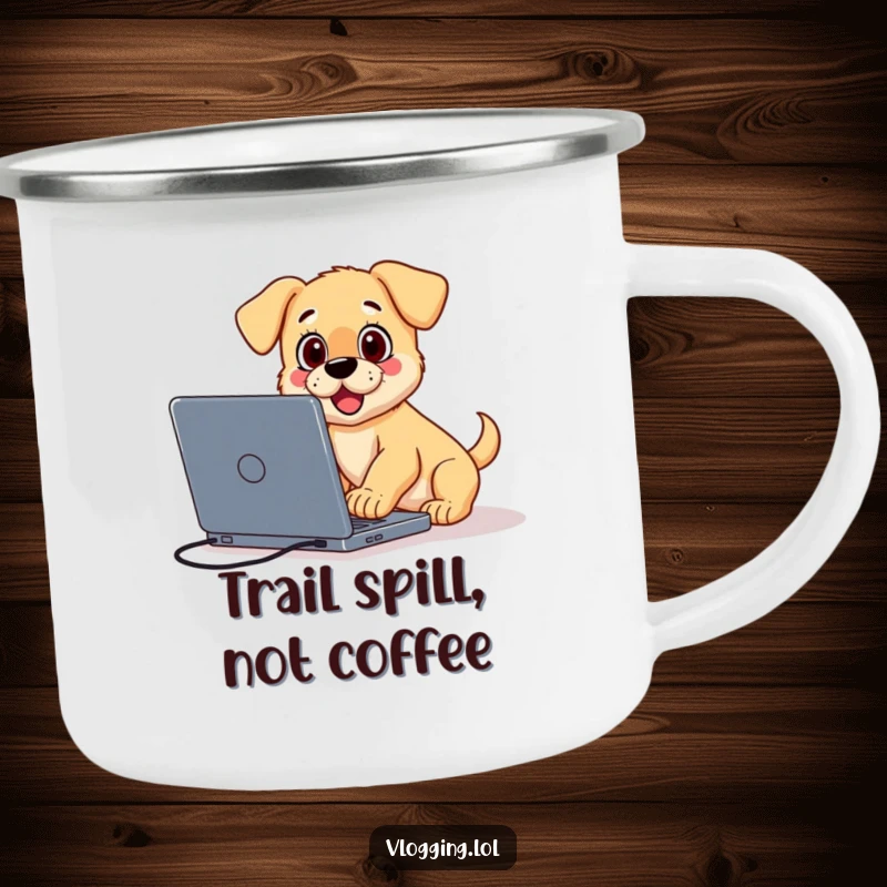 Funny enamel camping mug featuring a surprised puppy tripping over a laptop while vlogging, ideal for humorous creator outings.