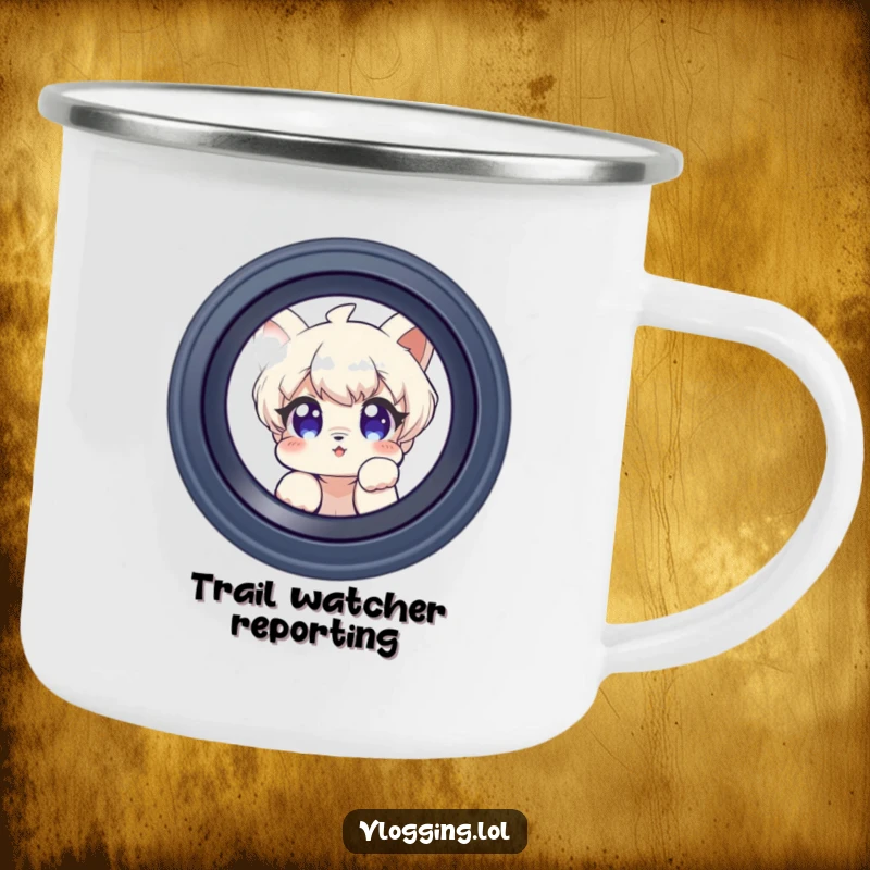 Funny camping mug featuring a curious character peeking into a camera lens, blending outdoor fun and photography humor.