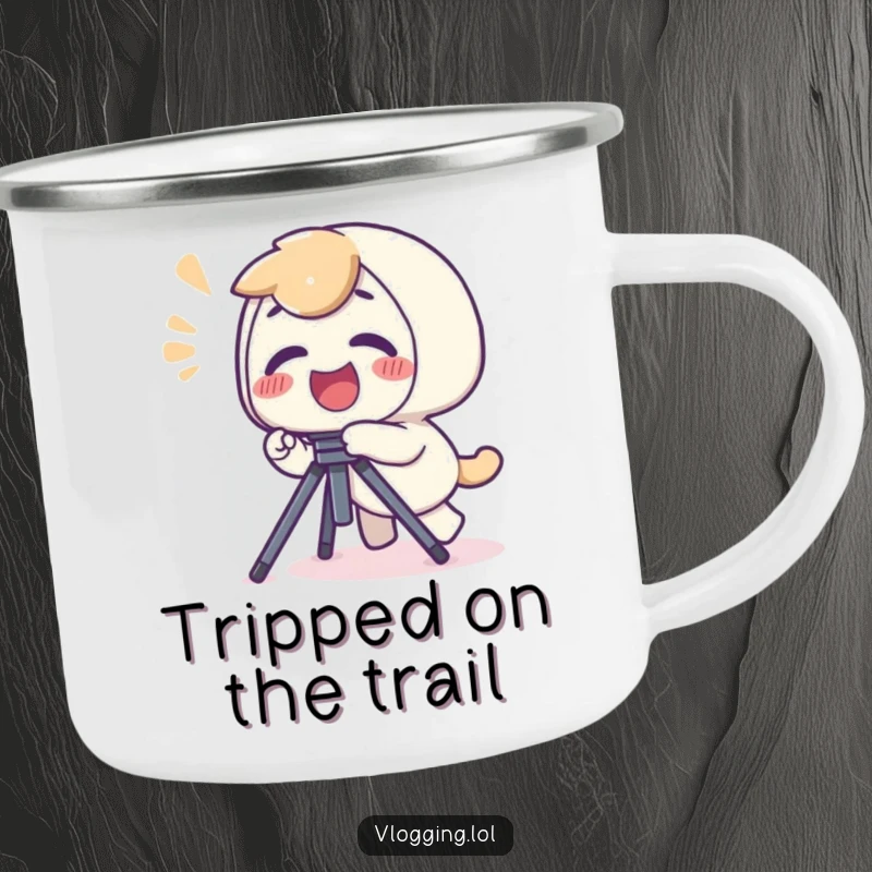 Funny camping mug with a giggling character tripping over a camera tripod, perfect for outdoor creatives.