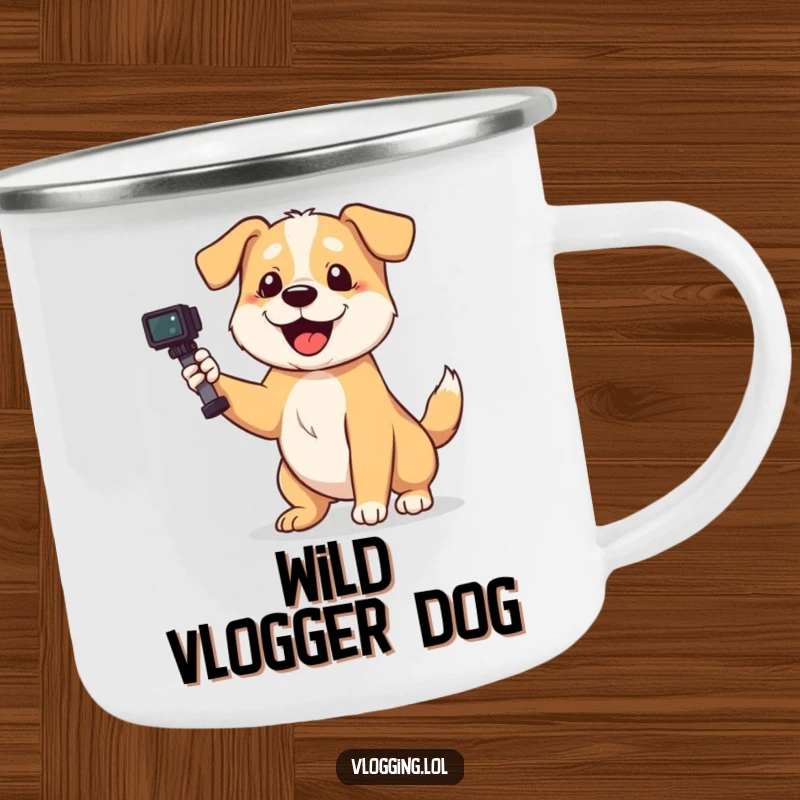 Funny dog camping mug of a playful dog wagging its tail enthusiastically while filming, for outdoor creators.