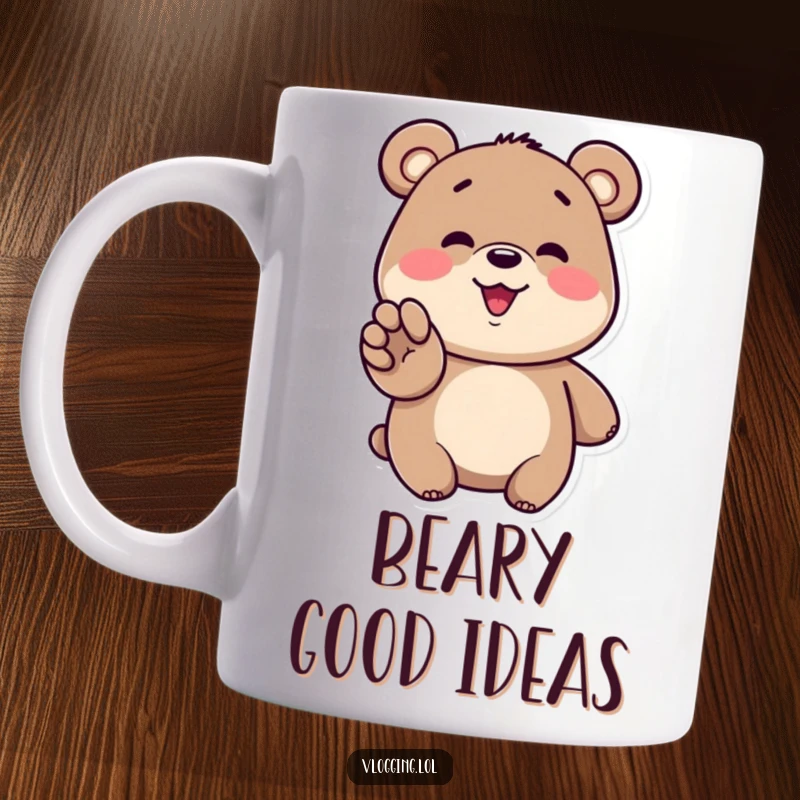 Funny bear mug showing a happy grizzly bear gesturing enthusiastically towards an unseen screen with a wide smile.