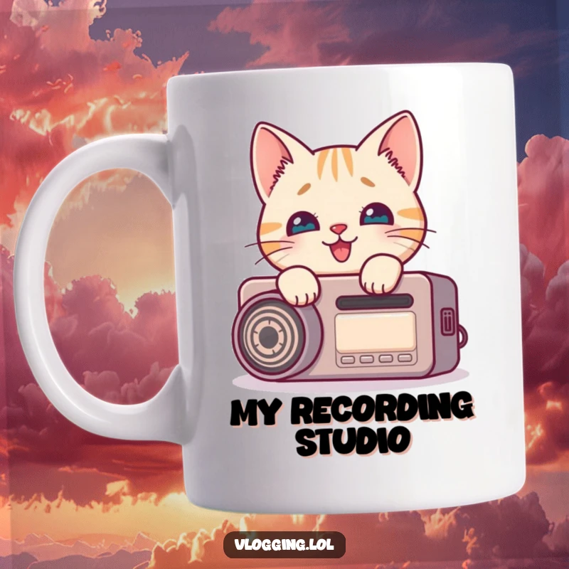 Funny cat mug showing a curious tabby peeking around a microphone with wide, delighted eyes, caught in the act.