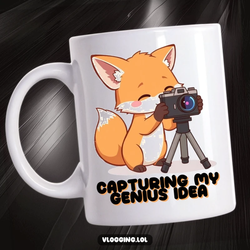 Funny Mug: A curious fox adjusting a camera on a tripod, ready to capture life's moments, a clever funny gift.