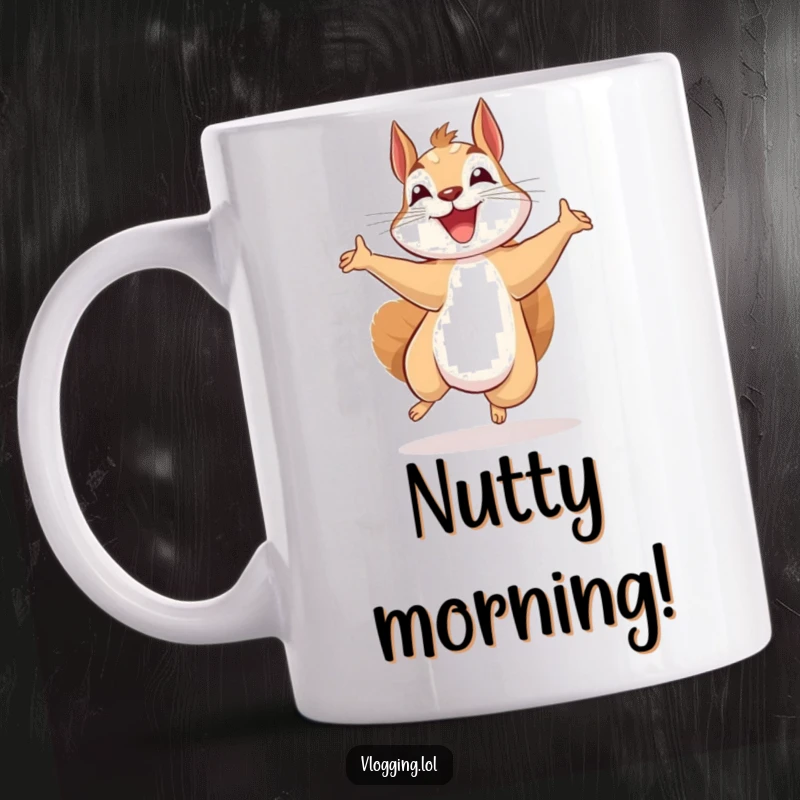 Funny beaming squirrel mug, jumping excitedly while recording with a microphone, conveying pure joy and a passion for content creation.