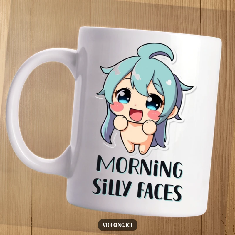 Funny mug with a delighted character pulling a comical, exaggerated funny face directly at the camera lens.