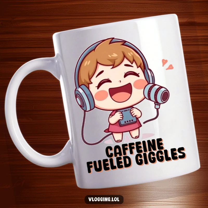Funny mug with a cheerful character laughing heartily while holding a microphone and speaking into a recorder.