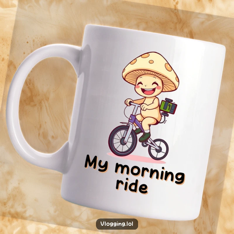 Funny mushroom unicyclist mug: A grinning mushroom rides a tiny unicycle while balancing filming equipment. Ideal funny gift.