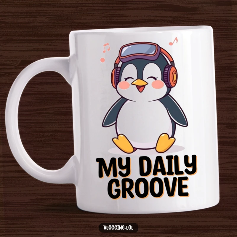 Funny Penguin Mug showing a giggling penguin joyfully bopping its head to unseen vlogging music, a humorous gift.