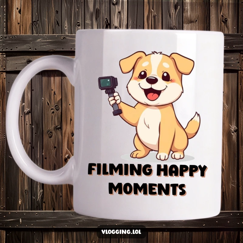 Funny dog mug showing a playful dog wagging its tail enthusiastically while filming with a camera.