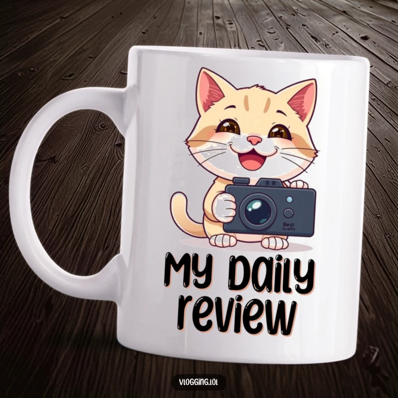 Funny mug featuring a happy cat filming itself with a handheld camera, smiling widely and capturing a moment.