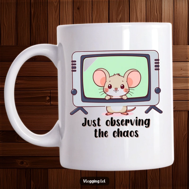 Funny shy mouse peeking from behind a huge video game screen on a white mug, sipping coffee.