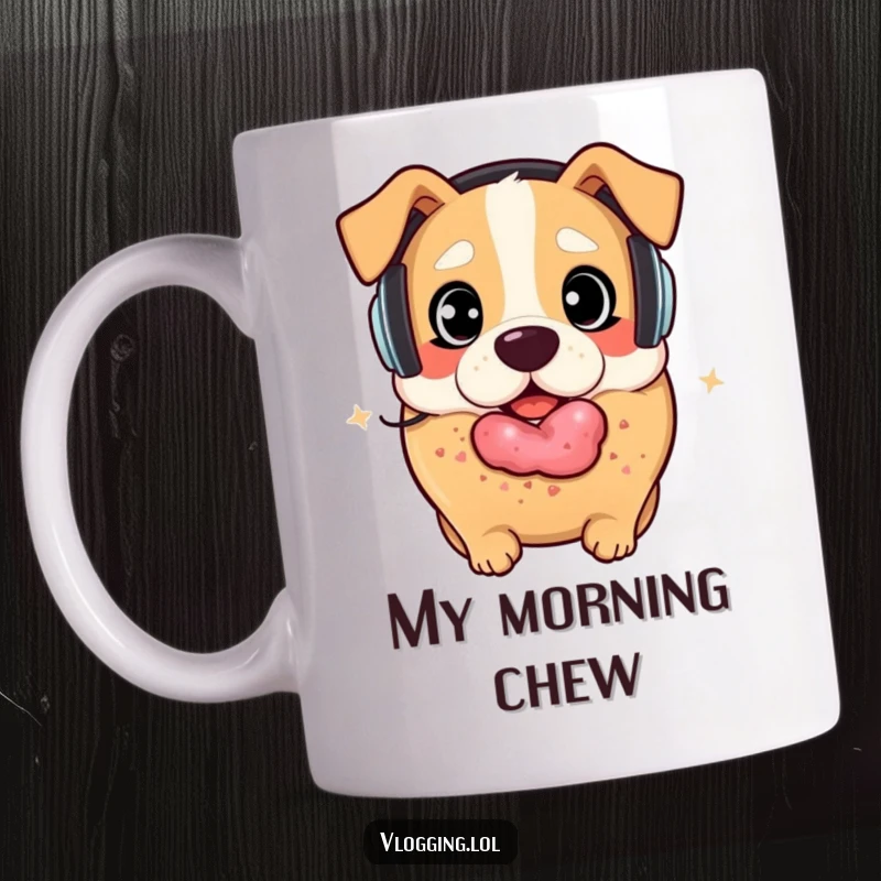 Funny bagel and dog mug: A surprised bagel with headphones, about to be playfully gobbled by a happy dog. Ideal funny gift.