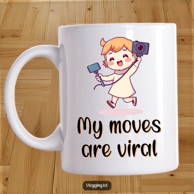 Funny mug shows a joyful character energetically dancing while holding a camera on a selfie stick, capturing a fun moment.