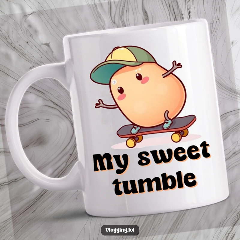 Funny jelly bean skater mug: A wobbly jelly bean wearing a cap falls off a skateboard in a comical spill. Ideal funny gift.