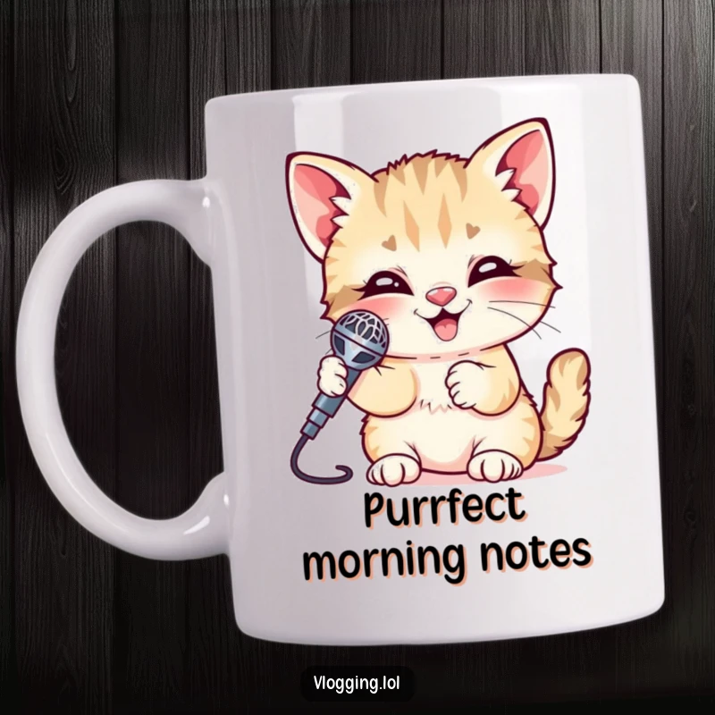 Funny Kitten Mug featuring a giggling kitten holding a miniature shiny microphone, ready to perform. A whimsical gift for singers.
